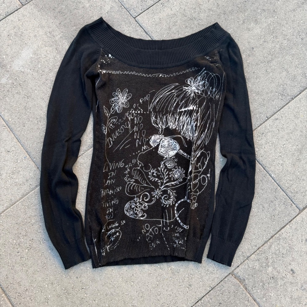 Desigual Black Graphic Doodle Print Cotton Knit Sweater Scoop Neck Womens Small